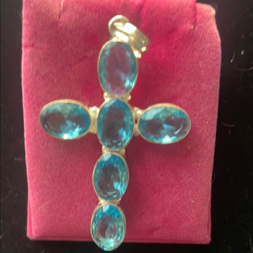 London Blue Topaz 6 Gemstone Cross pendant with Elegant Design - Picture 3 of 7